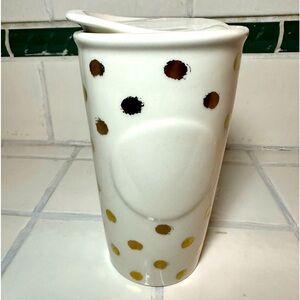 Nwt! Never used white gold polkadots monogram Starbucks ceramic cup tumbler